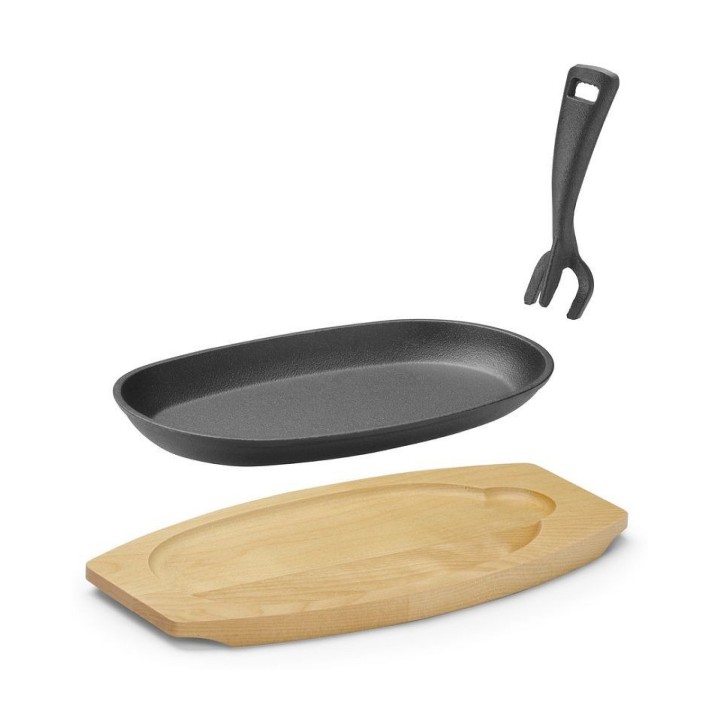 Plat en fonte avec dessous en bois et poignée avec pince