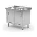 Table avec 2 éviers, placard – soudée, avec portes coulissantes