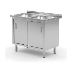 Table avec 2 éviers, placard – soudée, avec portes coulissantes