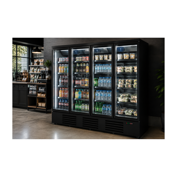 RÉFRIGÉRATEUR 4 PORTES EN VERRE NOIR JDE-2025R BL  *TRANSPORT SUR DEMANDE*