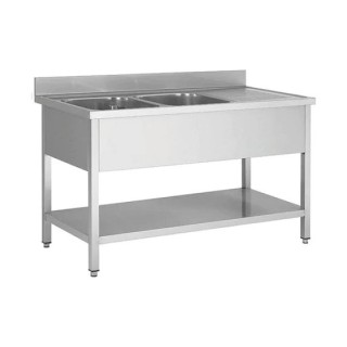 Plonge en inox - 2 Bacs avec égouttoir à droite  , 1400 x 600 x850 mm