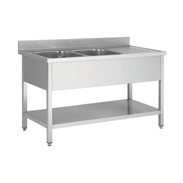 Plonge en inox - 2 Bacs avec égouttoir à droite  , 1400 x 600 x850 mm