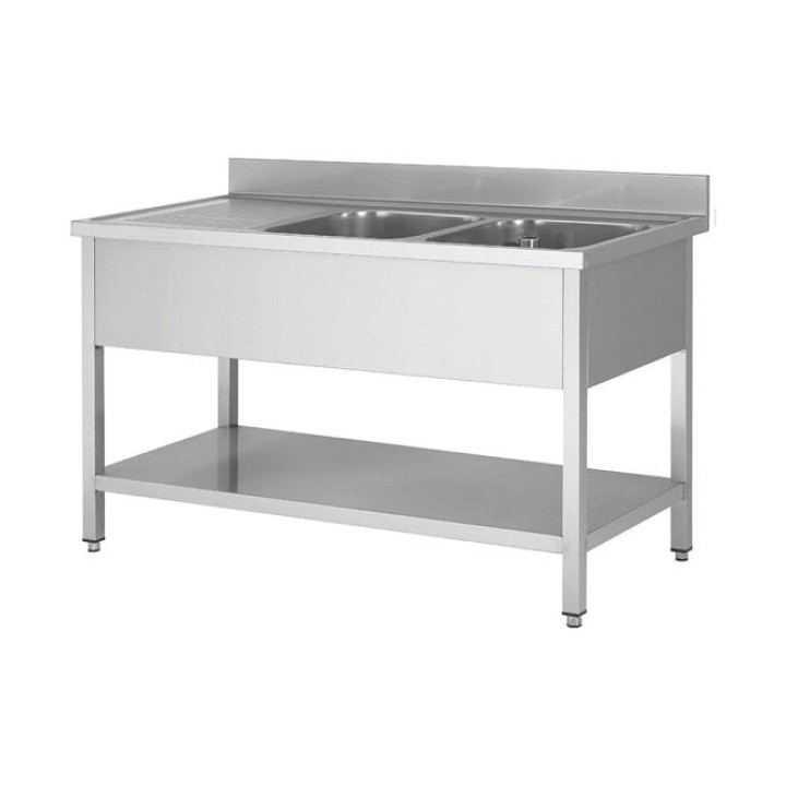 Plonge en inox - 2 Bac - égouttoir à gauche , 1400 x 700 x850+100 mm
