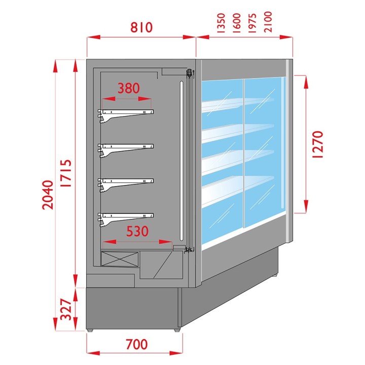 MEUBLE MURAL REFRIGERE AVEC PORTES COULISSANTES POUR PRODUITS FRAIS PRE-EMBALLES L 2080 MM LSPD8200SD TECNODOM