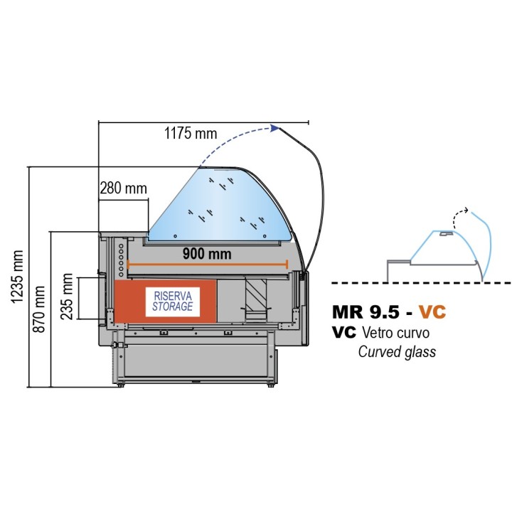 COMPTOIR VITRINE REFRIGERE VENTILE (P 1175 MM), VITRES BOMBEES, L 2960 MM FMR1030VC TECNODOM