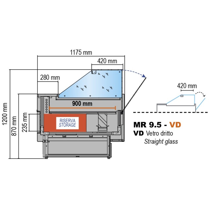 GEVENTILEERDE GEKOELDE TOONBANK (D 1175 MM), RECHTE RUITEN, L 2480 MM FMR1025VD TECNODOM