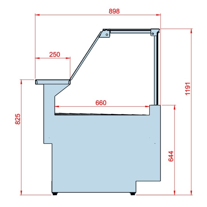 GEVENTILEERDE GEKOELDE TOONBANK (D 900 MM), RECHTE RUITEN, L 2480 MM FM0825VD TECNODOM