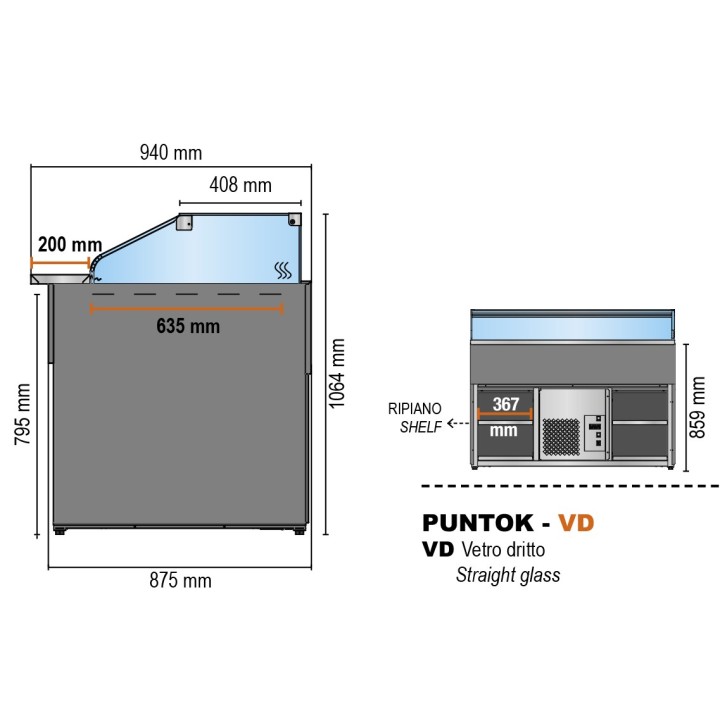 GEVENTILEERDE GEKOELDE TOONBANK (D 940 MM), RECHTE RUITEN, L 1802 MM KPK0818VD TECNODOM