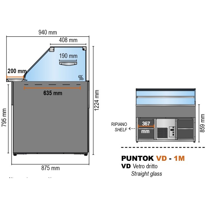 COMPTOIR VITRINE REFRIGERE VENTLE (940 MM), VITRES DROITES, L 1377 MM KPK0814VD1M TECNODOM