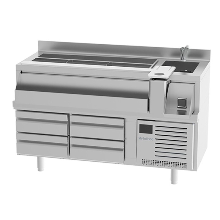 TABLE DE PREPARATION POUR COCKTAILS REFRIGEREE, AVEC 4 TIROIRS REFRIGERES, L 1600 MM FBST1600R INFRICO