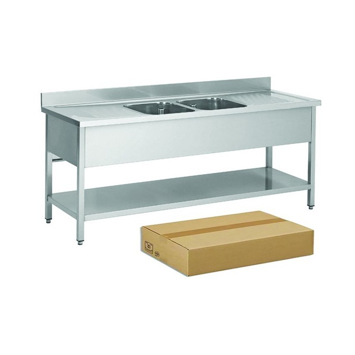 PLONGE INOX DEMONTABLE, 2 BACS EGOUTTOIR A GAUCHE ET DROITE, AVEC SOUTABLETTE, L 2000 MM JPG1KIT-200602GD FORCAR