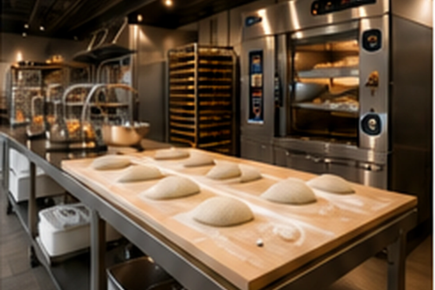 Laboratoire de boulangerie avec fours et table de façonnage