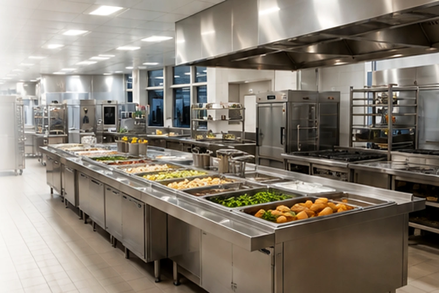 Cuisine professionnelle de collectivité équipée de lignes de cuisson et de distribution
