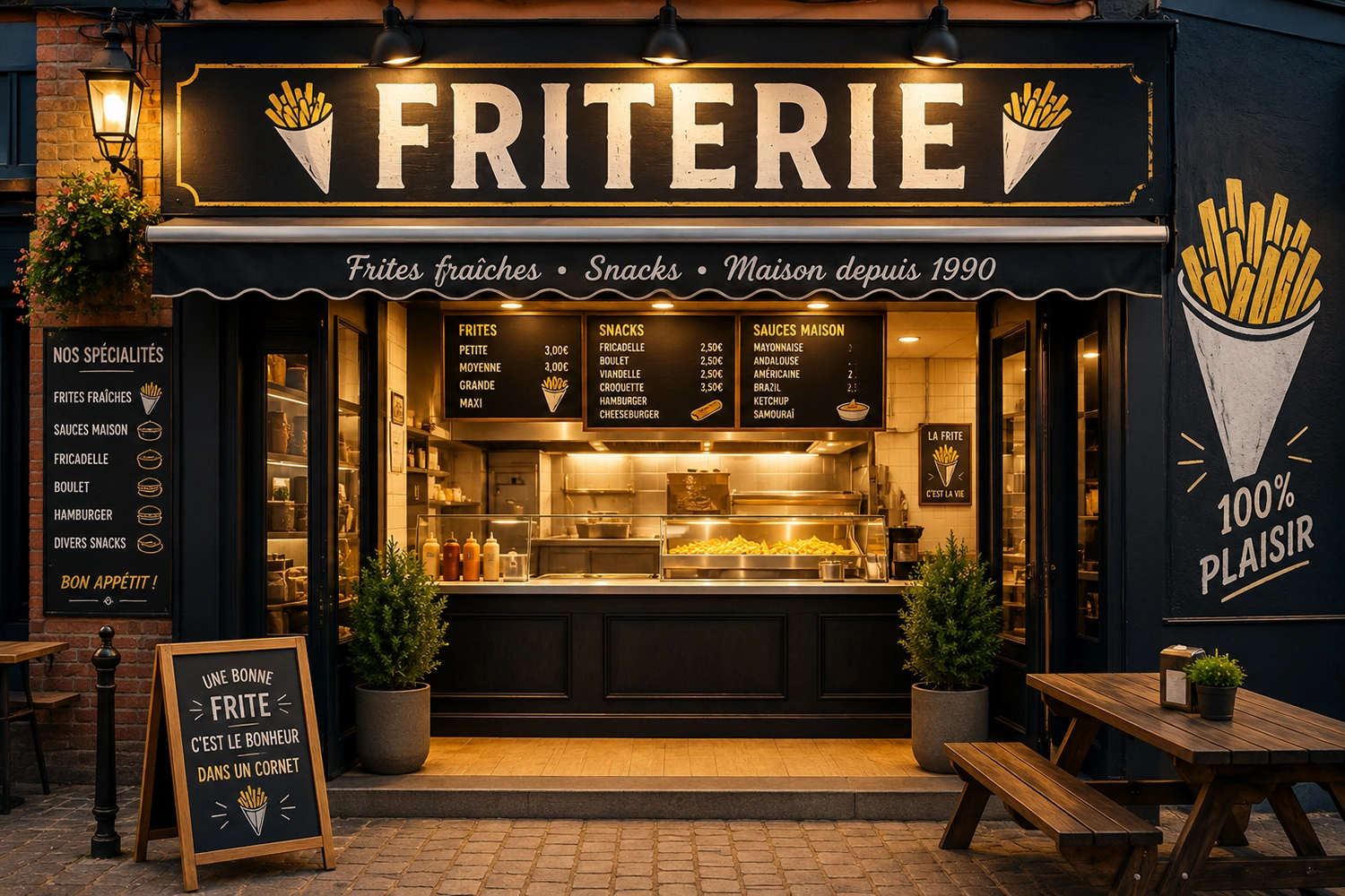 Cuisine professionnelle équipée pour une friterie et un snack