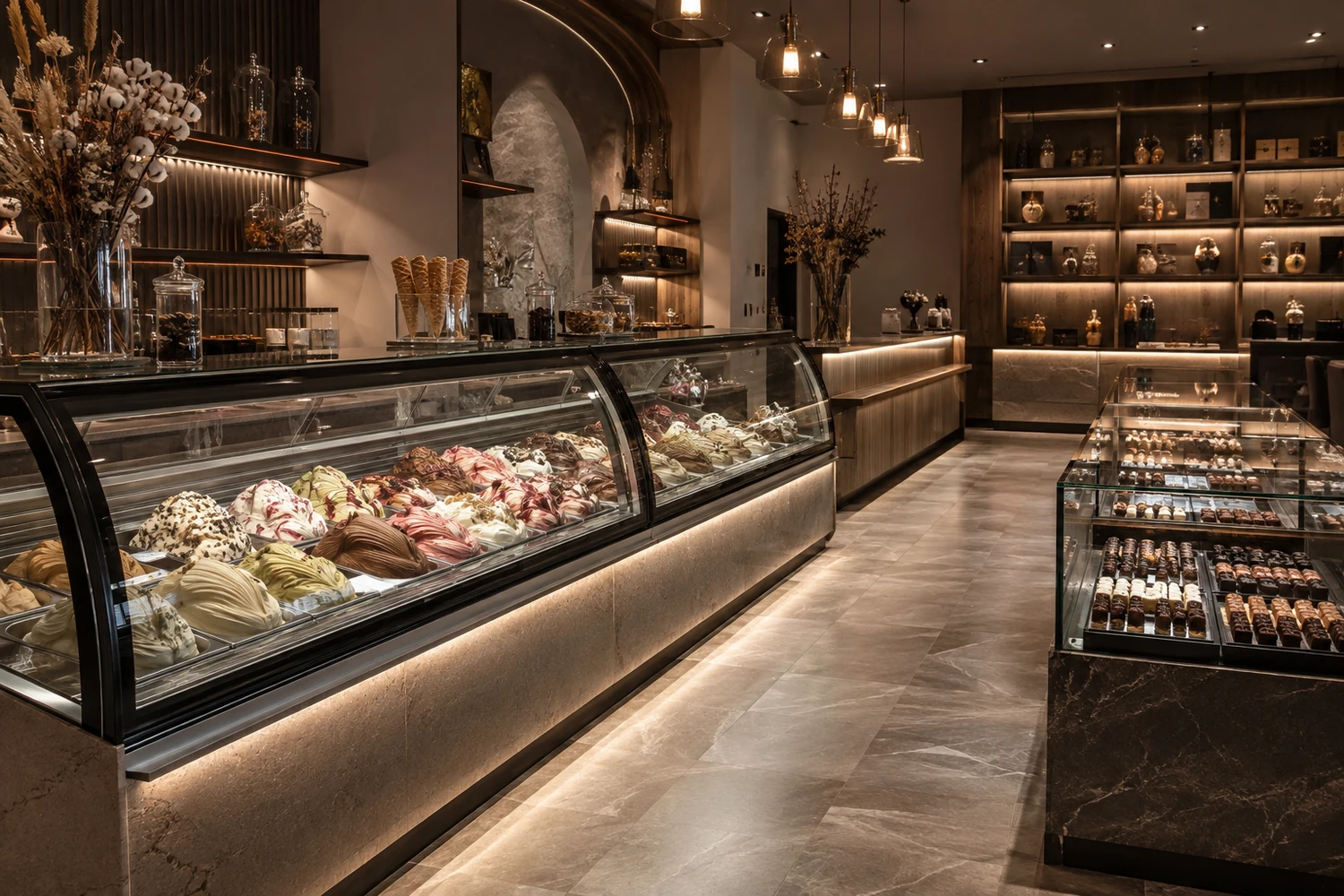 Boutique haut de gamme de glaces et pâtisseries avec vitrines réfrigérées