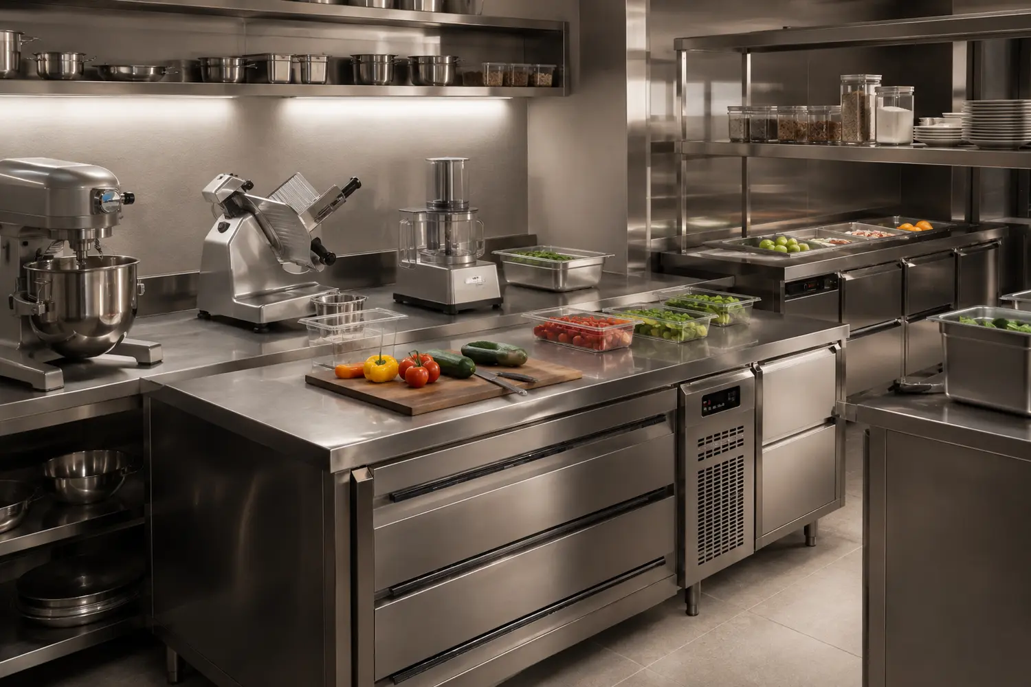 Zone de préparation inox pour cuisine d'hôtel